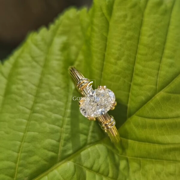 A close-up of a solitaire engagement ring resting on a fresh green leaf. The ring features an oval cut moissanite or Moissanite diamond set in a yellow-gold band with fine detailing along the shoulders. The gemstone sparkles naturally in soft daylight, highlighting its clarity and brilliance. The textured green leaf background creates a fresh, organic contrast that emphasizes the elegance and timeless design of the ring.