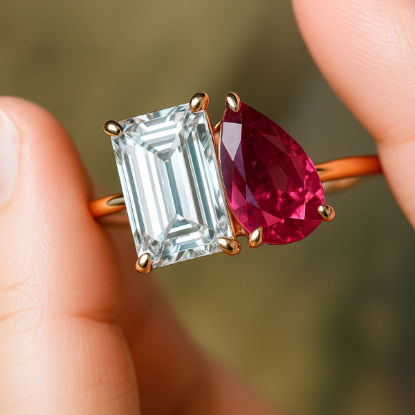 Close-up view of a handcrafted gold ring held gently between fingertips, featuring a striking two-stone design. The ring showcases an emerald-cut lab-grown diamond with crisp step facets and high clarity, paired beside a pear-cut deep red moissanite that adds bold contrast. Both stones are secured in polished yellow-gold prong settings, allowing maximum light reflection. The soft green blurred background enhances the brilliance of the gemstones while highlighting the refined craftsmanship and modern asymmetrical design.